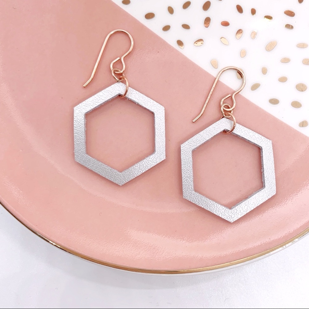 Metallic Silver Leather Hexagon Cutout Earrings Minimalist Handmade